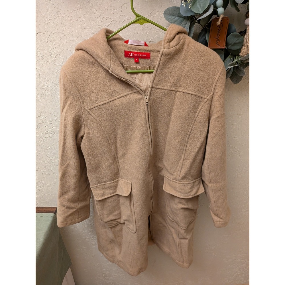 Anne Klein Womens Tan Camel Hooded Zip Up Wool Blend Fleece Coat Jacket Medium
